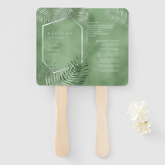 Lush Palm Leaf Wedding Program Moss Green ID956 Fächer (Vorne und Hinten)