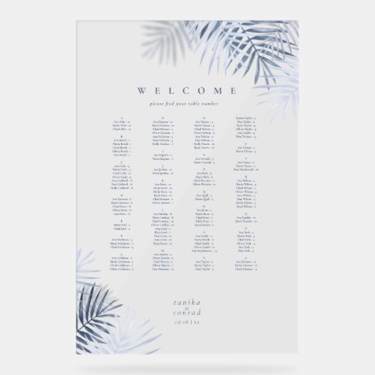 Lush Palm Leaf Wedding Seating Blue/Wht ID956 Acrylschild (Vorderseite)