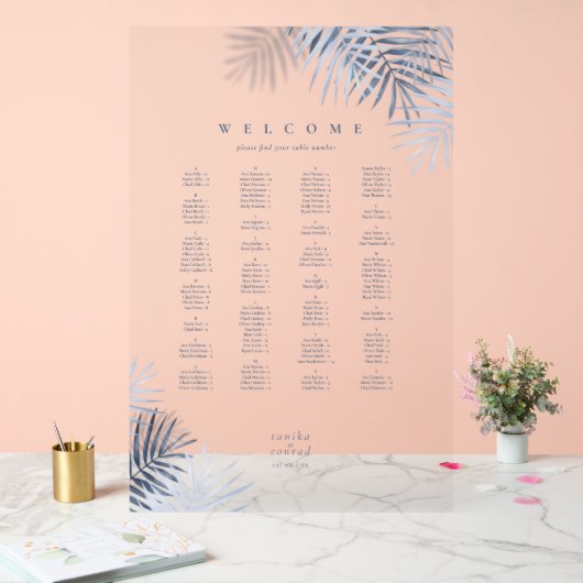 Lush Palm Leaf Wedding Seating Blue/Wht ID956 Acrylschild (Hochzeit)
