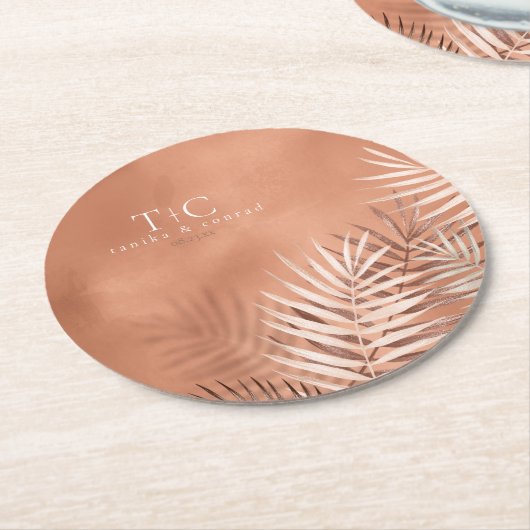 Lush Palm Leaf Wedding Terra Cotta ID956 Runder Pappuntersetzer (Angewinkelt)