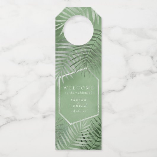 Lush Palm Leaf Wedding Welcome Moss Green ID956 Flaschenanhänger (Vorderseite)