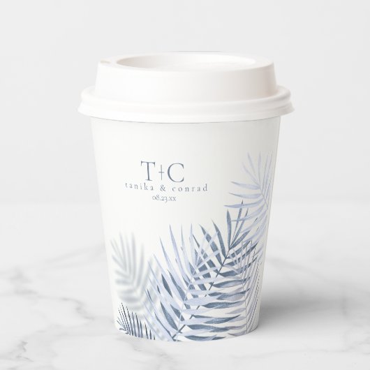 Lush Palm Leaf Wedding Windsor Blue/Wht ID956 Pappbecher (Rückseite)