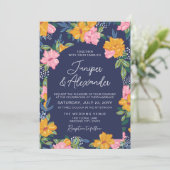 Lush Pink Yellow Flowers Dark Blue Wedding Einladung (Stehend Vorderseite)