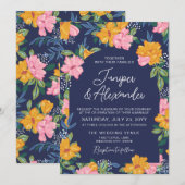 Lush Pink Yellow Flowers Dark Blue Wedding Einladung (Vorne/Hinten)