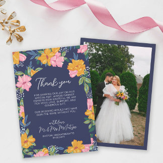 Lush Pink Yellow Flowers Dark Blue Wedding Photo Dankeskarte