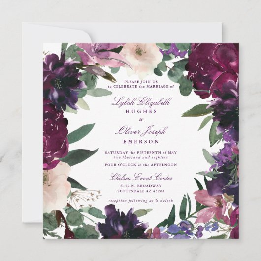 Lush Purple Blumen | Romantische Hochzeit Einladung (Vorderseite)