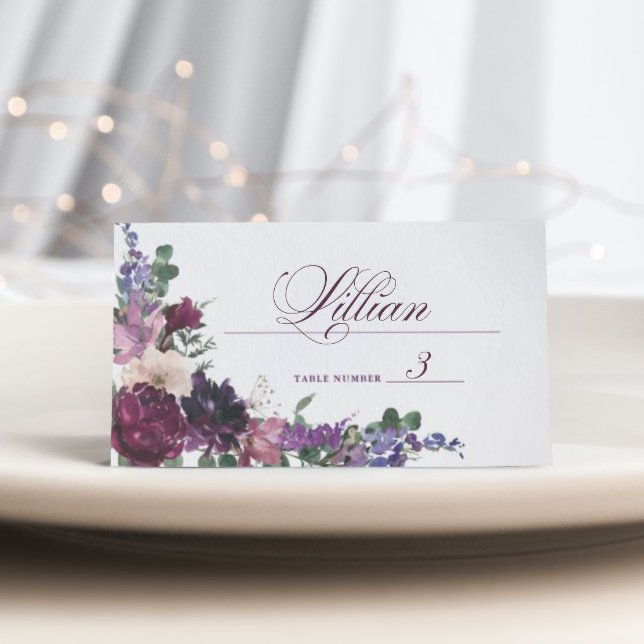 Lush Purple Blumen | Romantische Hochzeit Platzkarte
