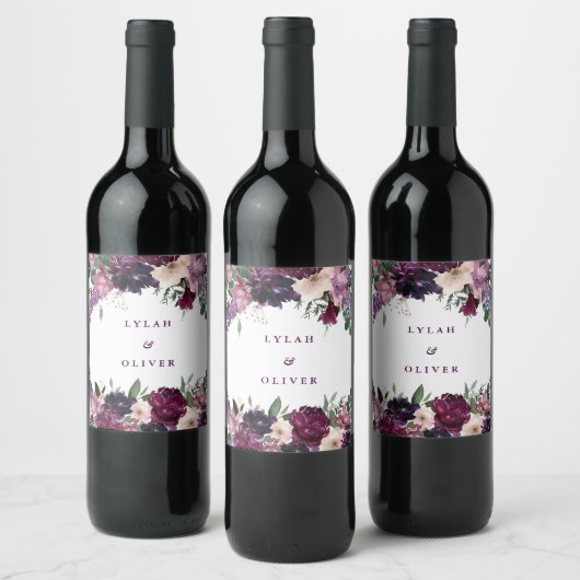Lush Purple Blumen | Romantische Hochzeit Weinetikett (Flaschen)
