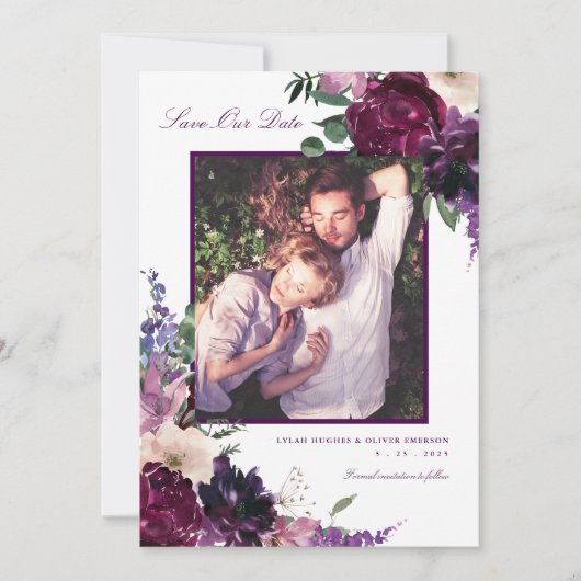 Lush Purple Blumen | Romantisches Foto Rette unser Ankündigung (Vorderseite)