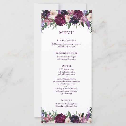 Lush Purple Blumen | Romantisches Hochzeitmenü (Vorderseite)
