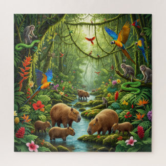 Lush rainforest scene teeming with capybaras puzzle