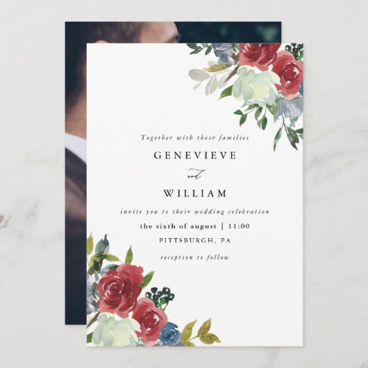 Lush Red Watercolor Bloral Bouquet Foto Wedding (Vorne/Hinten)