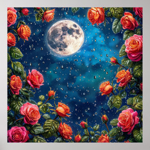 Lush Rose, die einen Vollmond in einer Sternennach Poster