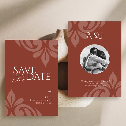 Lush Sienna Classic Script Damask Foto Hochzeit Save The Date