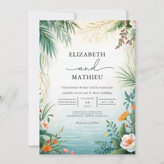 Lush Tropical Botanical Wedding Einladung (Vorderseite)