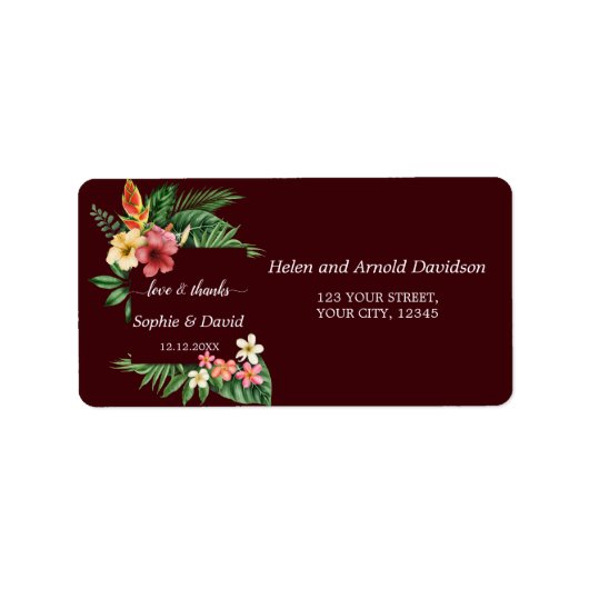 Lush Tropical Garden Flowers Deep Burgundy Wedding Adressaufkleber (Vorne)