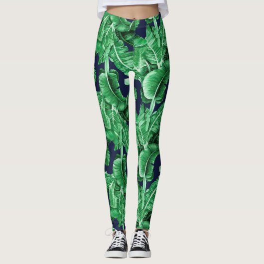 Lush Tropical Green Blätter Muster Leggings (Vorderseite)