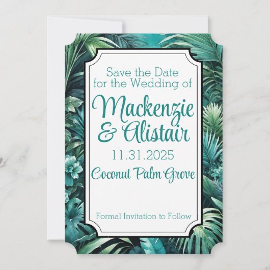 Lush Tropical Jungle Greenerity Beach Hochzeit Save The Date (Vorderseite)