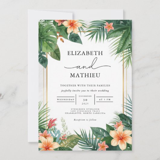 Lush Tropical Leaf Blüh Wedding Einladung (Vorderseite)