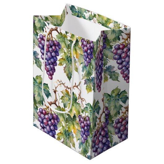 Lush Watercolor Purple Grape Vine Pattern Mittlere Geschenktüte (Vorderseite Schrägansicht)
