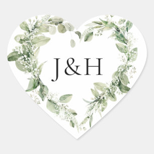 Lush White Blume and Greenery Monogram Wedding Herz-Aufkleber
