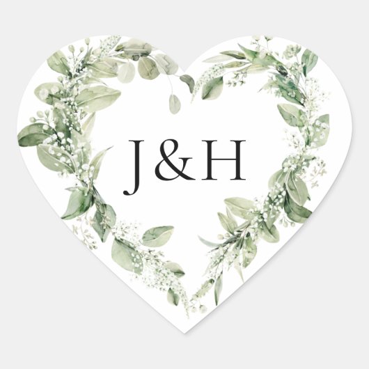 Lush White Blume and Greenery Monogram Wedding Herz-Aufkleber (Vorderseite)