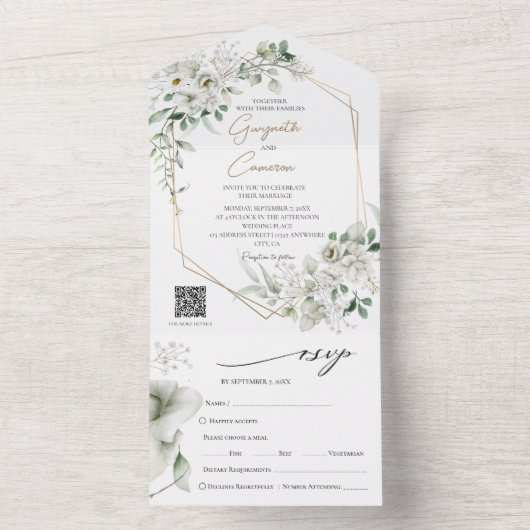 Lush White Blume QR-Code All In One Einladung (Innen Boden)