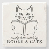 Lustig: Leicht ablenkbar durch Bücher & Katzen Steinuntersetzer (Vorderseite)