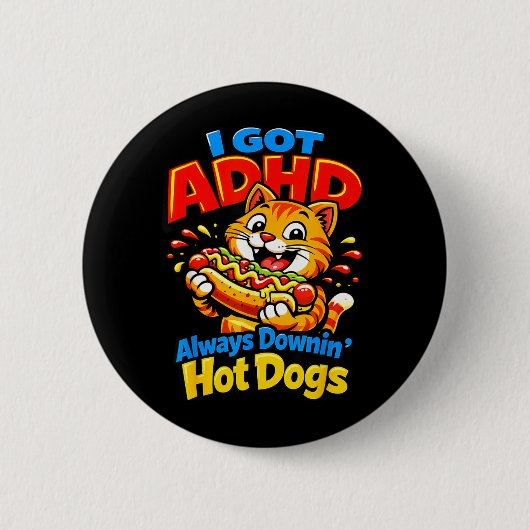 Lustige ADHD-Katze isst immer Hot Dogs Lebensmitte Button (Vorderseite)