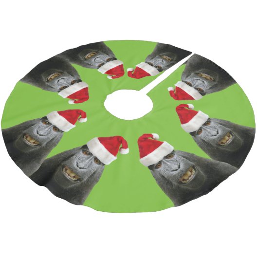 Lustige Affen in den Weihnachtsmannmützen Polyester Weihnachtsbaumdecke (Schrägansicht)