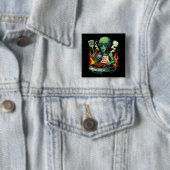 Lustige Alien-BBQ-Illustration Retro-Sci-Fi-Grilla Button (Beispiel)