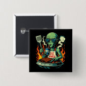 Lustige Alien-BBQ-Illustration Retro-Sci-Fi-Grilla Button (Vorne & Hinten)