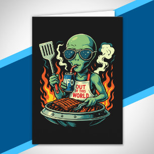 Lustige Alien-BBQ-Illustration Retro-Sci-Fi-Grilla Karte
