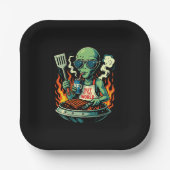 Lustige Alien-BBQ-Illustration Retro-Sci-Fi-Grilla Pappteller (Vorderseite)