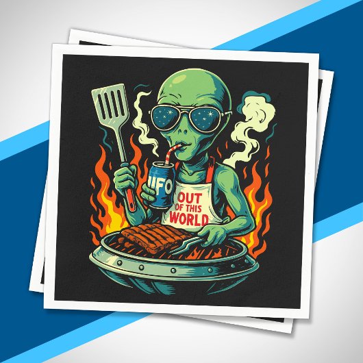 Lustige Alien-BBQ-Illustration Retro-Sci-Fi-Grilla Serviette