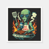Lustige Alien-BBQ-Illustration Retro-Sci-Fi-Grilla Serviette (Vorderseite)