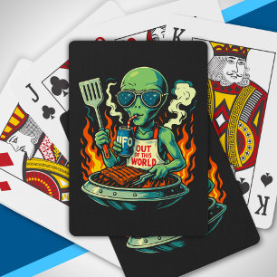 Lustige Alien-BBQ-Illustration Retro-Sci-Fi-Grilla Spielkarten