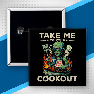 Lustige Alien BBQ Kochparty Retro UFO Weltraum Gri Button
