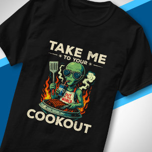 Lustige Alien BBQ Kochparty Retro UFO Weltraum Gri T-Shirt