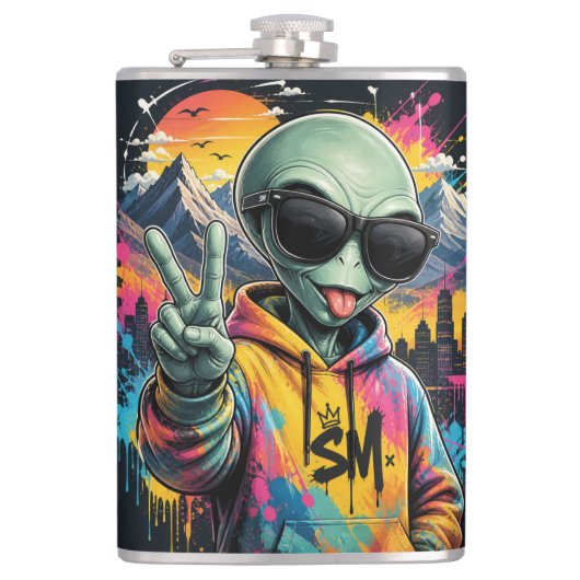 Lustige Alien-Vibes Flachmann (Vorderseite)