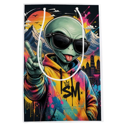 Lustige Alien-Vibes Mittlere Geschenktüte (Vorderseite)