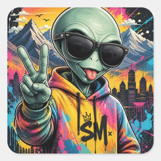 Lustige Alien-Vibes Quadratischer Aufkleber (Vorderseite)