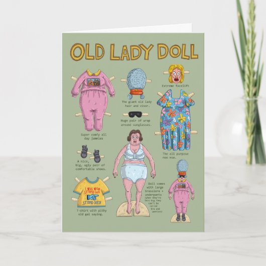 Lustige alte Dame Papierpuppe. Karte (Vorderseite)