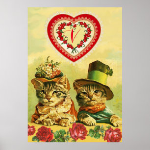 LUSTIGE ALTE MODE VALENTINSTAG KATZEN,Herzen,Rosen Poster
