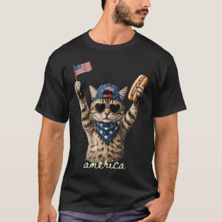 Lustige Amerika-Katze-Hot-Dog-Liebhaber Patriotisc T-Shirt