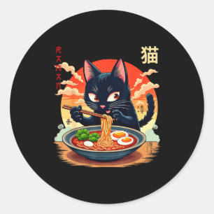 Lustige Anime-Katze Ramen Japanische Grafik-T-Shir Runder Aufkleber