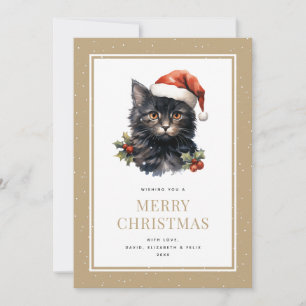 Lustige Aquarell-Weihnachtskarte mit schwarzer Kat Feiertagskarte