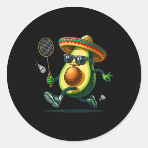 Lustige Avocado zeigt Badminton-Fähigkeiten Cinco Runder Aufkleber