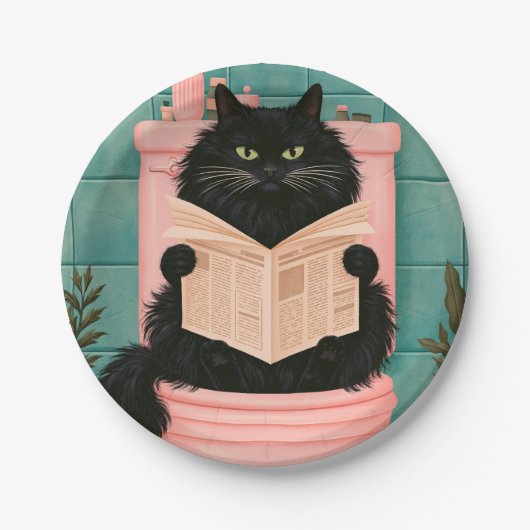 Lustige Badezimmer-Schwarze Katze Pappteller (Vorderseite)