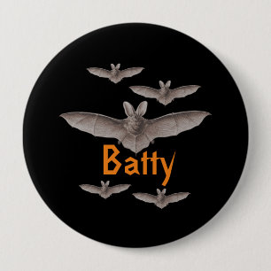 Lustige Batty Vintage-Fledermäuse Schwarz und Oran Button